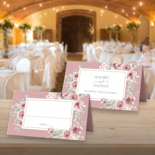 Cartão De Mesa Casamento Floral Rosa Empoeirado Elegante (Dusty Rose Floral Elegant Wedding Place Card)