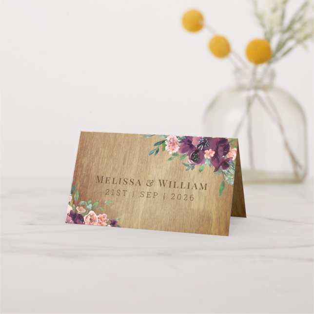 Cartão De Mesa Casamento Floral Rustic Wood Burgundy Blush (Verso)