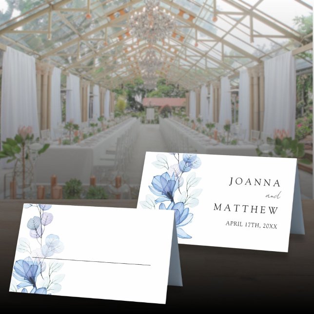 Cartão De Mesa Casamento Floral Transparente Azul Elegante (Elegant Dusty Blue Transparent Floral Wedding Place Card)