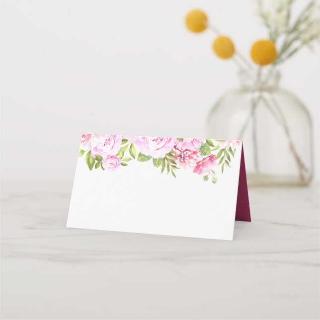 Cartão De Mesa Casamento Floral Verde com Peônia Rosa Bege (Frente)