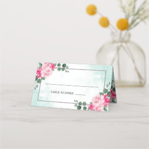 Cartão De Mesa Casamento Floral Verde Rosa e Silver Watercolor