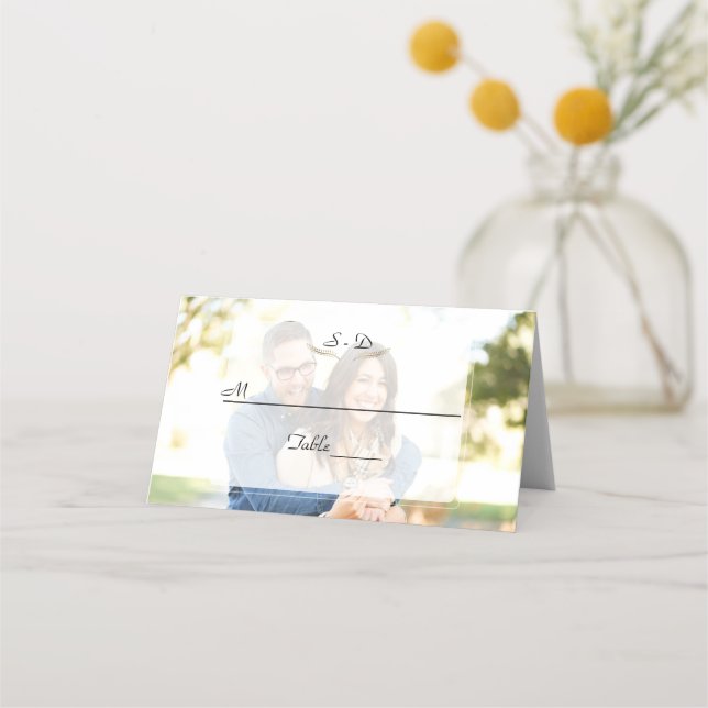 Cartão De Mesa Casamento Geométrico Com Foto Esmaecida (Frente)