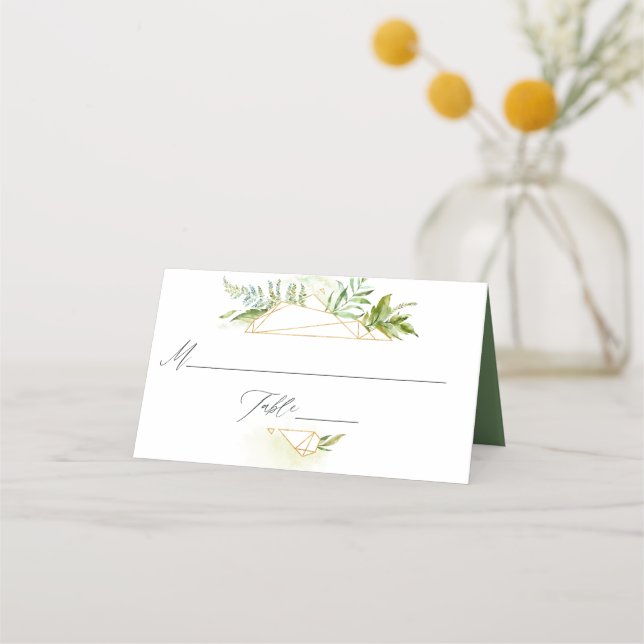 Cartão De Mesa Casamento Geométrico Crystal Greenery de Aquarela (Frente)