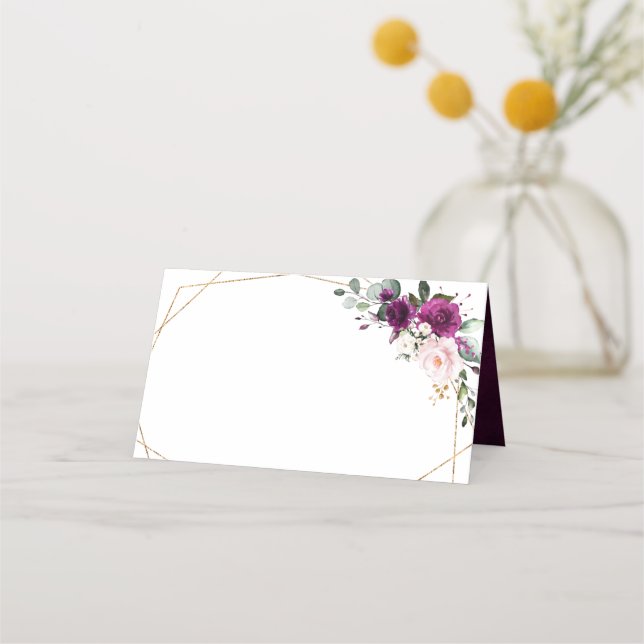 Cartão De Mesa Casamento Geométrico de Rosas Rosa Pinceladas Púrp (Frente)