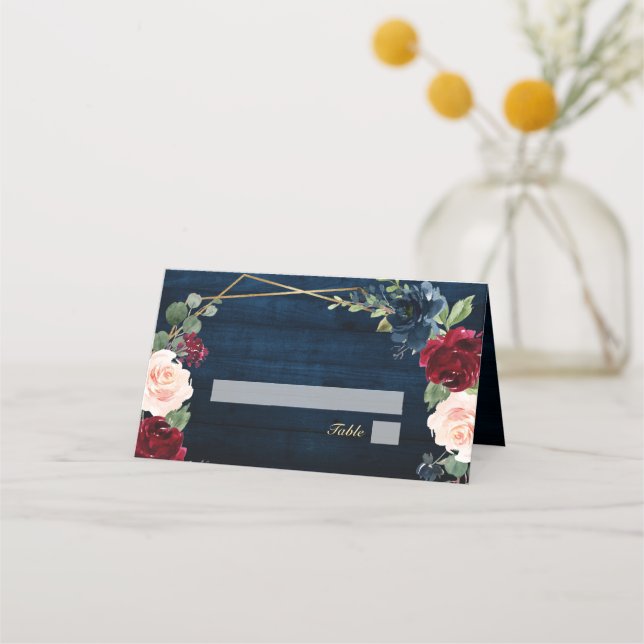 Cartão De Mesa Casamento Geométrico Dourado com Blush Azul-marinh (Verso)