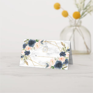 Cartão De Mesa Casamento Geométrico Floral do Mármaco Azul-mari