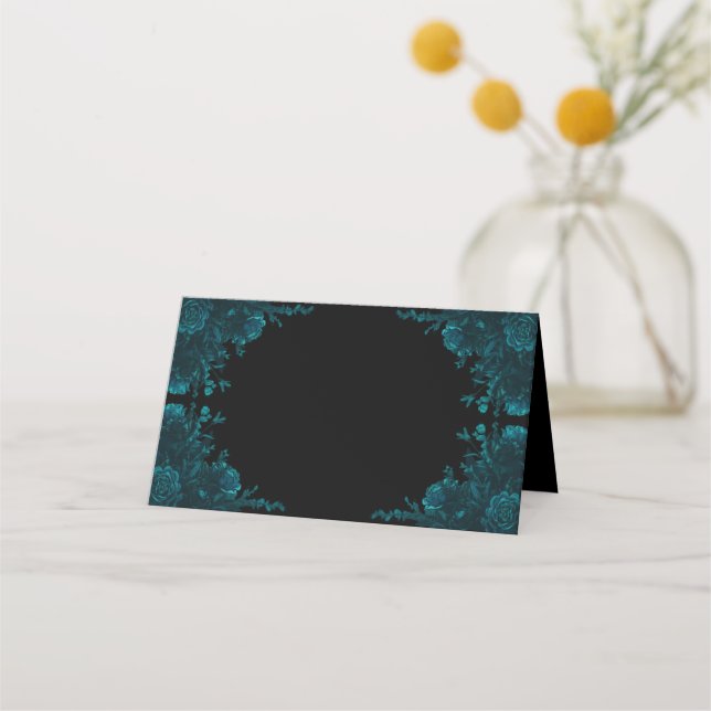 Cartão De Mesa Casamento Gótico Negro Rosa Teal (Frente)