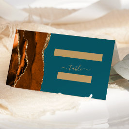 Cartão De Mesa Casamento Laranja Queimado Dourado Ágata Azul Turq