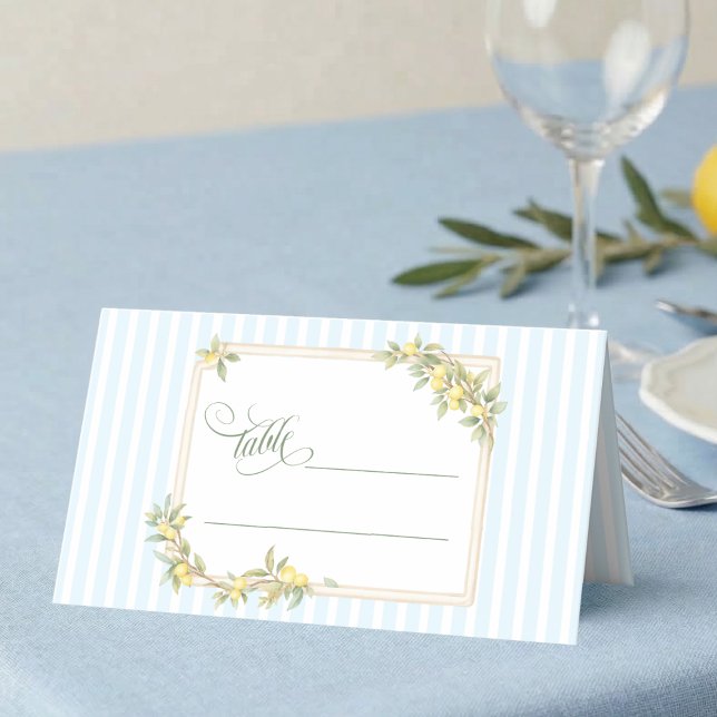 Cartão De Mesa Casamento Limão Costeiro (elegant coastal stripe mediterranean lemon wedding table place card with script calligraphy)