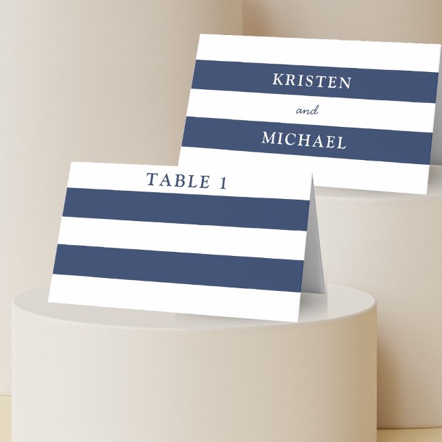 Cartão De Mesa Casamento Listrado de Azul Náutico e Branco (Nautical Blue & White Striped Wedding Place Card)