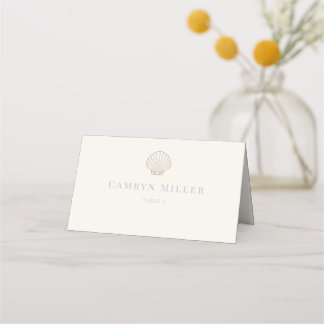 Cartão De Mesa Casamento Minimalista Dusty Blue Costeiro Concha d