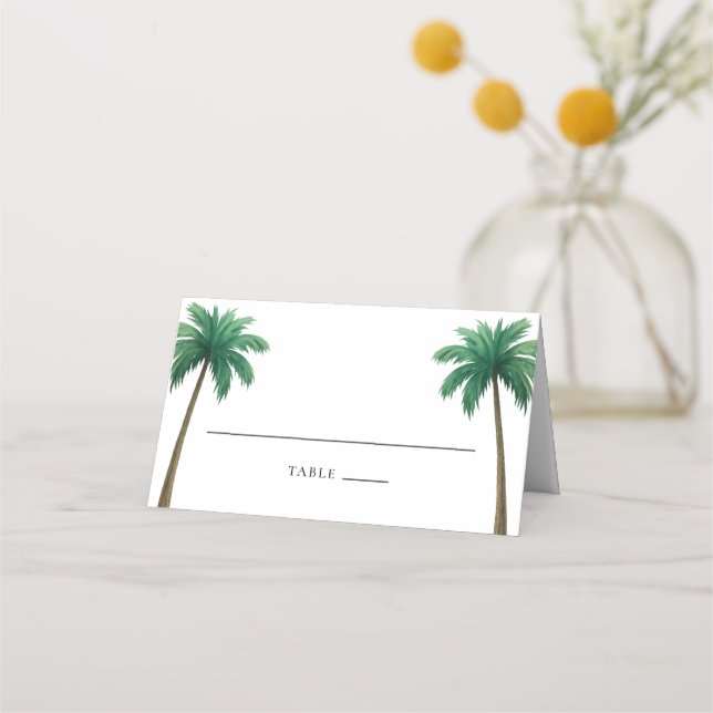 Cartão De Mesa Casamento Mínimo de Praia com Palmeiras Tropicais (Frente)