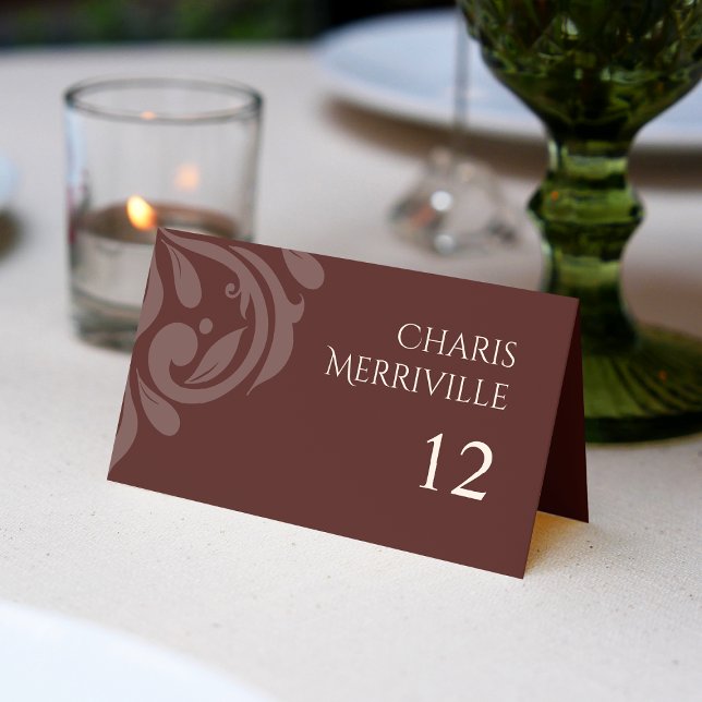 Cartão De Mesa Casamento Mínimo Elegante Damask Foto Mahogany (Criador carregado)