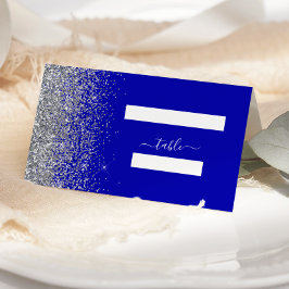 Cartão De Mesa Casamento Moderno com Borda de Brilho Prateado Azu