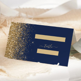 Cartão De Mesa Casamento Moderno com Brilho Dourado na Borda Azul