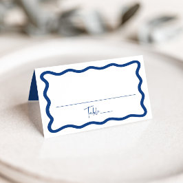 Cartão De Mesa Casamento Moderno com Moldura Ondulada Azul