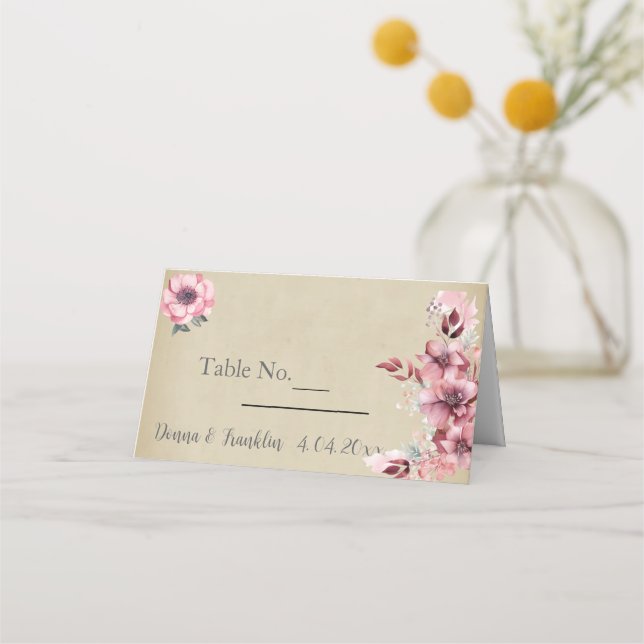 Cartão De Mesa Casamento Moderno com Rosa Empoeirada (Frente)