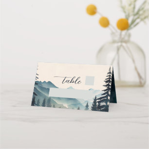 Cartão De Mesa Casamento na Montanha com Pinheiro em Aquarela