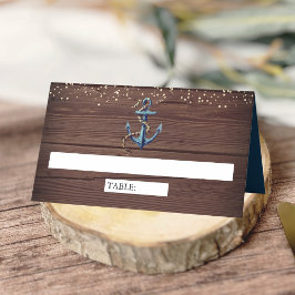 Cartão De Mesa Casamento Náutico de Madeira Rústica Azul Naval Ân