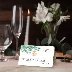 Cartão De Mesa Casamento no inverno de Natal Watercolor Pine Boug