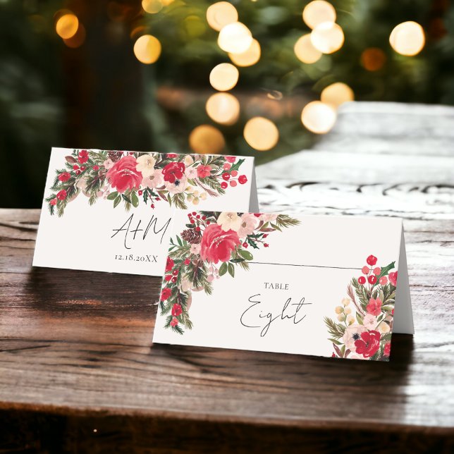 Cartão De Mesa Casamento no inverno Floral Vermelho Russo (Rustic Red green Floral Winter Wedding Place Card)