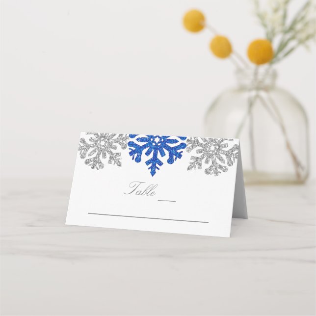 Cartão De Mesa Casamento no inverno Silver Blue Snowflakes (Frente)
