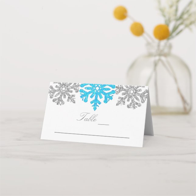 Cartão De Mesa Casamento no inverno Silver Blue Snowflakes (Frente)