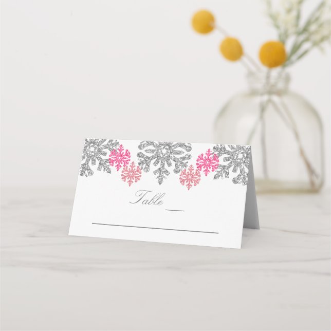 Cartão De Mesa Casamento no inverno Silver Pink Snowflakes (Frente)