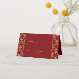 Cartão De Mesa Casamento Padrão do Dourado Damasco Vermelho Elega