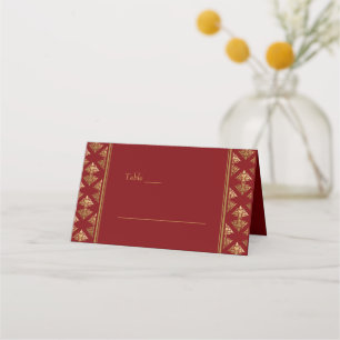Cartão De Mesa Casamento Padrão do Dourado Damasco Vermelho Elega