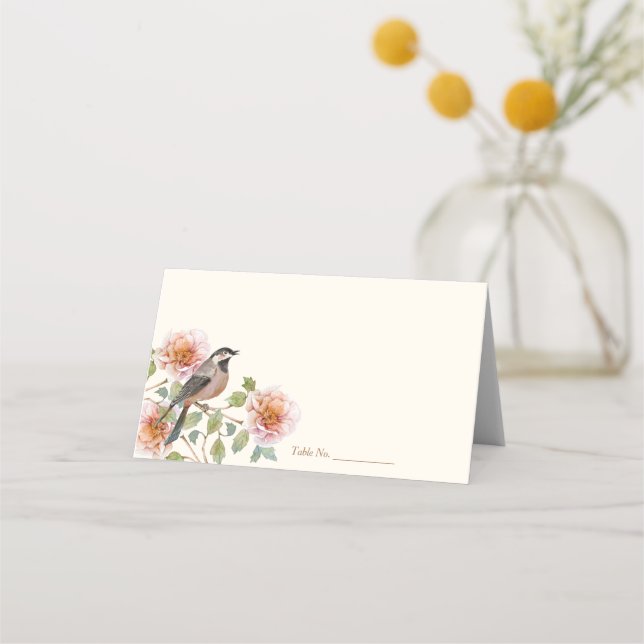 Cartão De Mesa Casamento Pássaro em Flores (Frente)