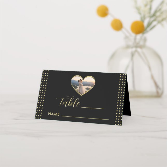 Cartão De Mesa Casamento personalizado com bolinhas douradas e pr (Frente)