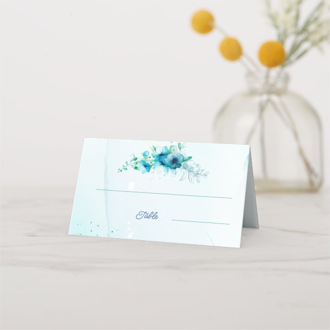 Cartão De Mesa Casamento Personalizado de Flor Azul (Frente)
