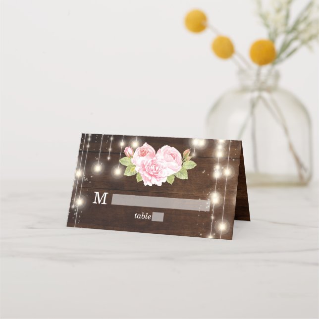 Cartão De Mesa Casamento Personalizado De Luzes De Madeira Rústic (Frente)