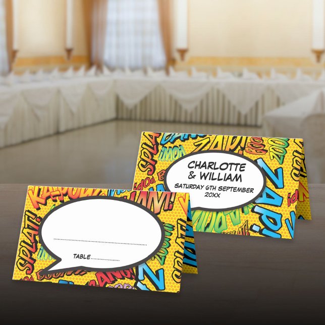Cartão De Mesa Casamento Personalizado por Pop de Arte Retrópica  (Retro Comic Book Pop Art Personalized Wedding Place Card)