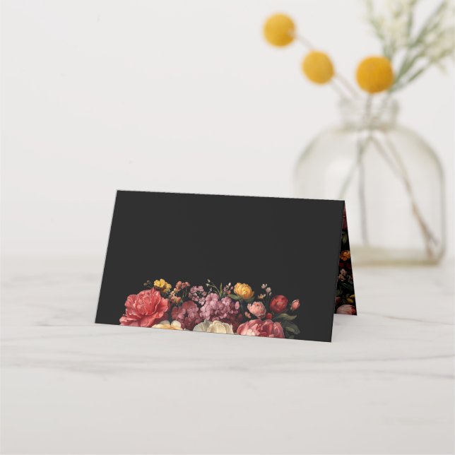 Cartão De Mesa Casamento Preto Botânico Floral (Frente)