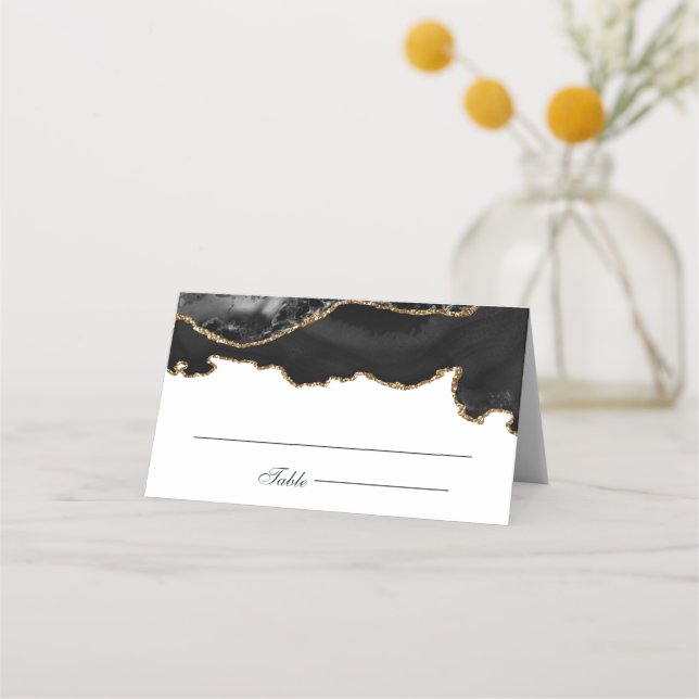 Cartão De Mesa Casamento Preto E Dourado Da Agata De Marble (Frente)