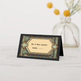 Cartão De Mesa Casamento Preto Turquesa Dourado Art Déco