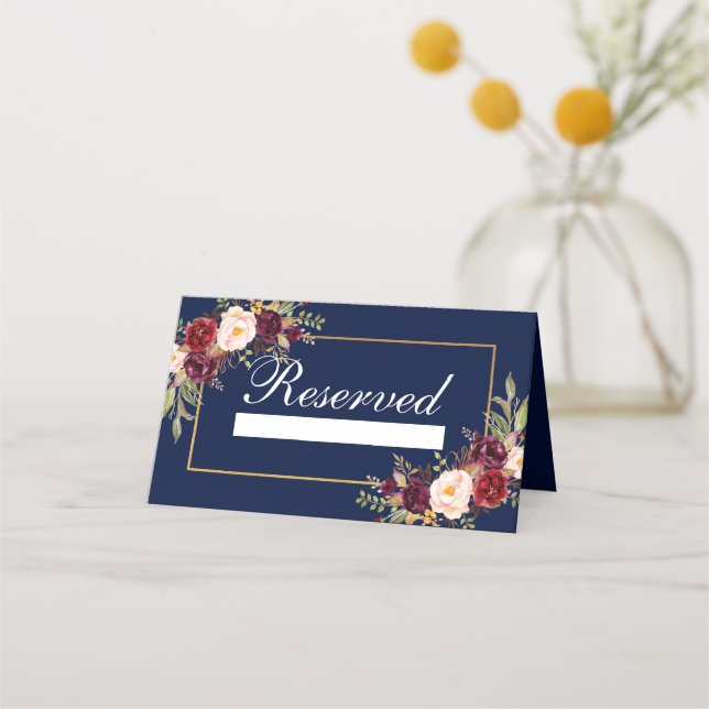 Cartão De Mesa Casamento Reservado de Azul Floral Burgundy (Frente)