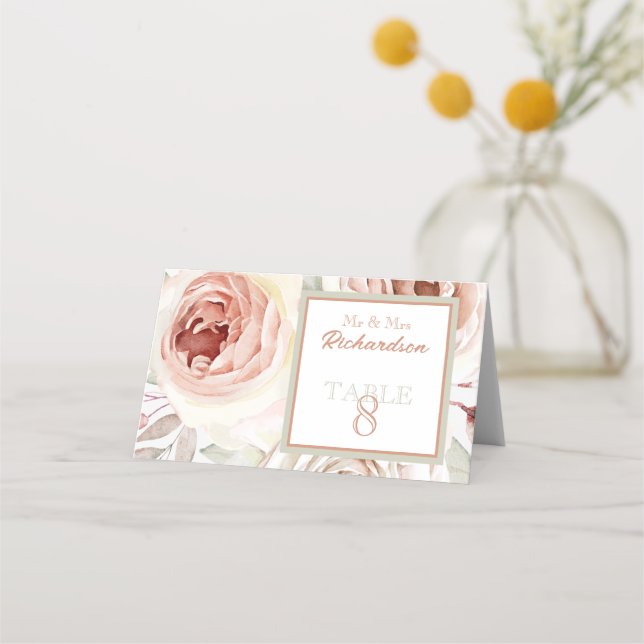 Cartão De Mesa Casamento Romântico de Rosas Rosa (Frente)