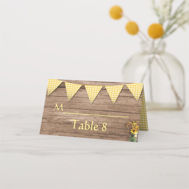 Cartão De Mesa Casamento russo de girassol e gingham amarelo (Frente)