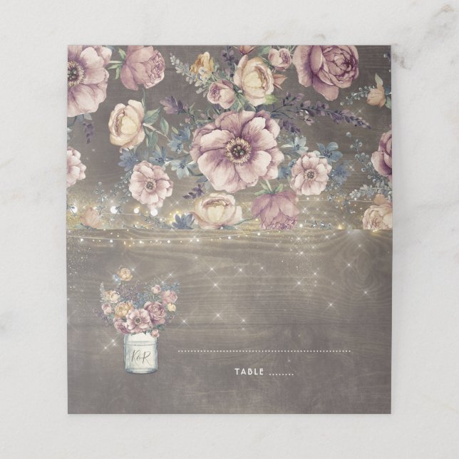 Cartão De Mesa Casamento Russo de Mauve e Dourado Foral Mason Jar (Exterior/Desdobrado)
