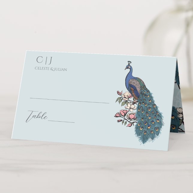 Cartão De Mesa Casamento Rustic Blue Floral Peacock (Rustic Blue & Teal Peacock on Magnolia Branch in Full Bloom with Blush Pink Flowers in Elegant Blue.)