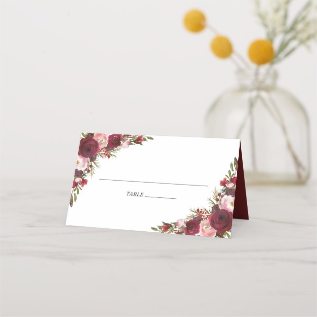 Cartão De Mesa Casamento Rustic Blush Burgundy Flowers (Frente)