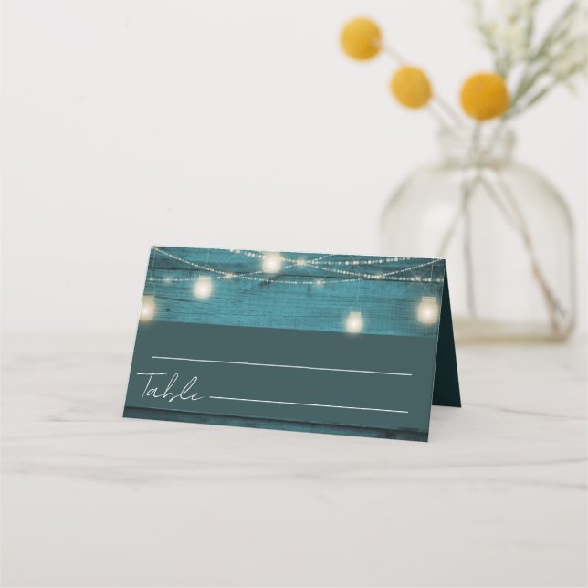 Cartão De Mesa Casamento Rustic Boho Blue Wood (Verso)