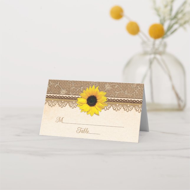 Cartão De Mesa Casamento Rustic Burlap Lace Wood Sunflower (Frente)