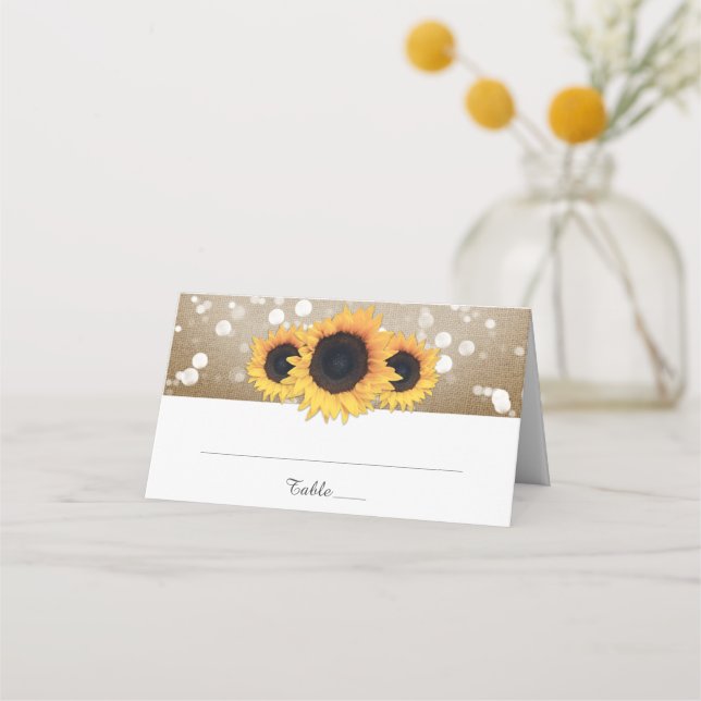 Cartão De Mesa Casamento Rustic Country Burlap Sunflower (Frente)