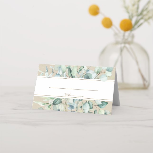 Cartão De Mesa Casamento Rustic Dourado de Aquarela Verde (Frente)