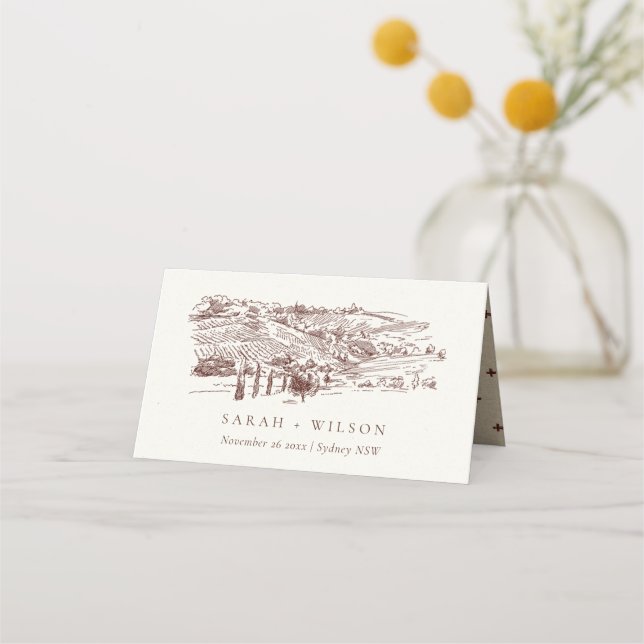 Cartão De Mesa Casamento Rustic Rust Brown Winery Mountain Sketch (Frente)