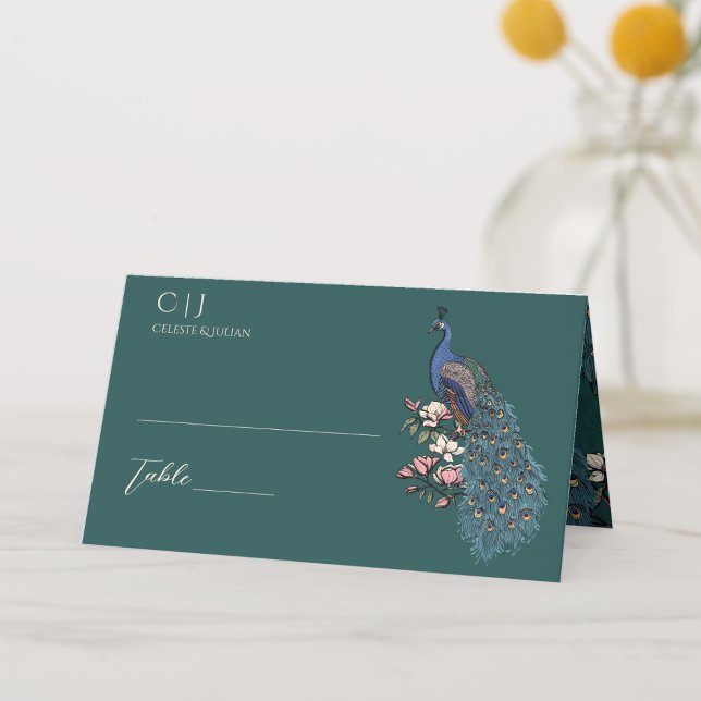 Cartão De Mesa Casamento Rustic Teal Floral Peacock (Rustic Floral Blue Teal Peacock on Magnolia Branch in Full Bloom with Flowers in Elegant Teal Green.)